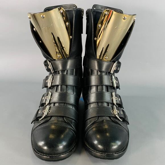 GIUSEPPE ZANOTTI Size 7 Black Gold Leather Metal Buckles Lace-Up Zipper Boots main image 5